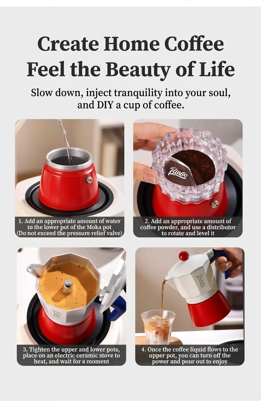 Binco Retro Red & Cream Moka Pot Espresso Maker with Hot Plate