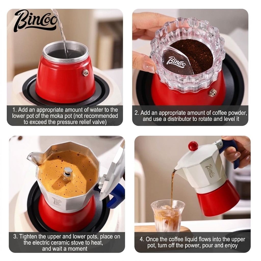 Binco Retro Red & Cream Moka Pot Espresso Maker with Hot Plate