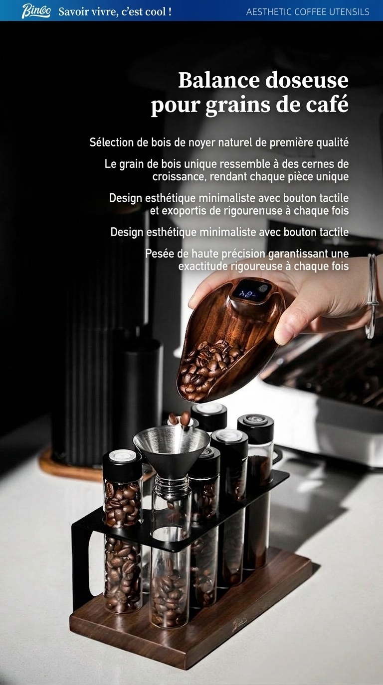 Cuillère doseuse numérique en bois de noyer pour grains de café expresso