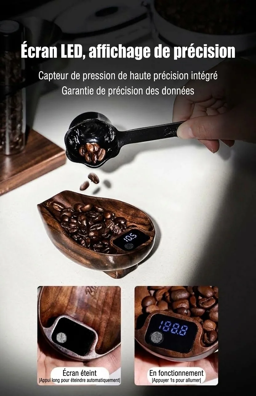 Cuillère doseuse numérique en bois de noyer pour grains de café expresso