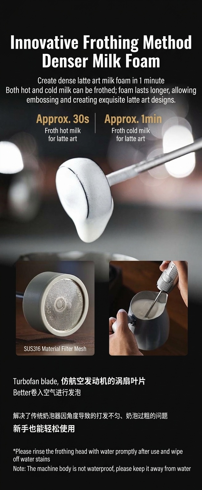 BinCoo Handheld Electric Milk Frother for Coffee & Latte Art