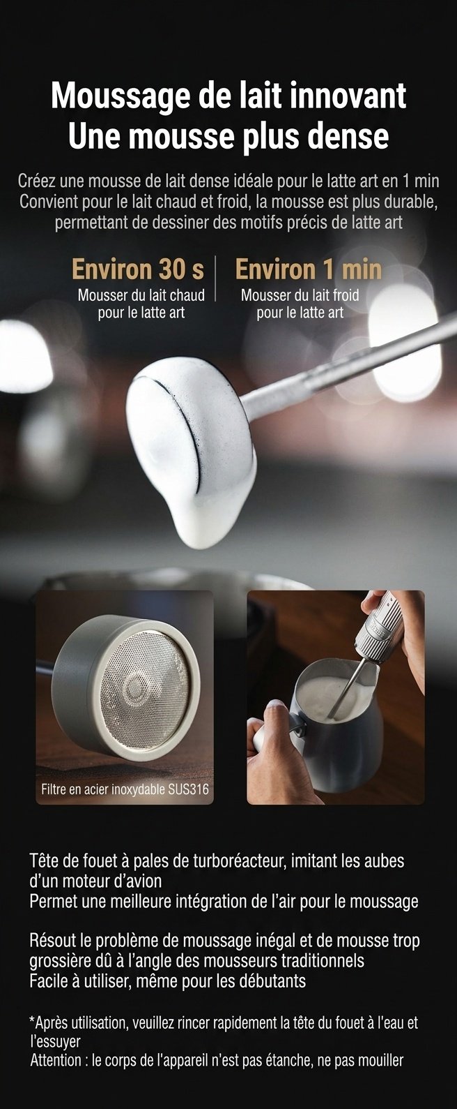 Mousseur à lait électrique portable BinCoo pour café et latte art