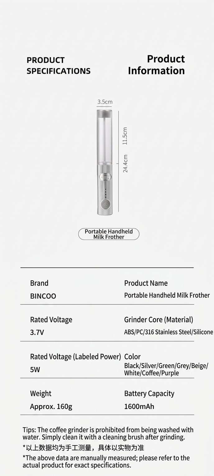 BinCoo Handheld Electric Milk Frother for Coffee & Latte Art