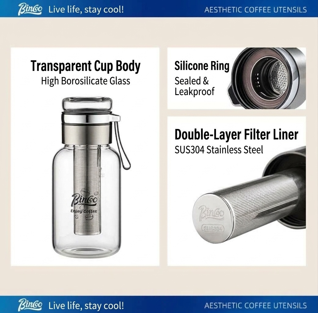 Bincoo Glass Cold Brew Coffee Maker & Tea Infuser Bottle