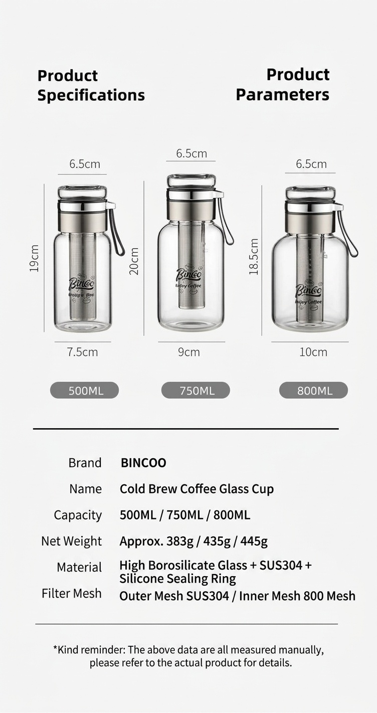 Bincoo Glass Cold Brew Coffee Maker & Tea Infuser Bottle