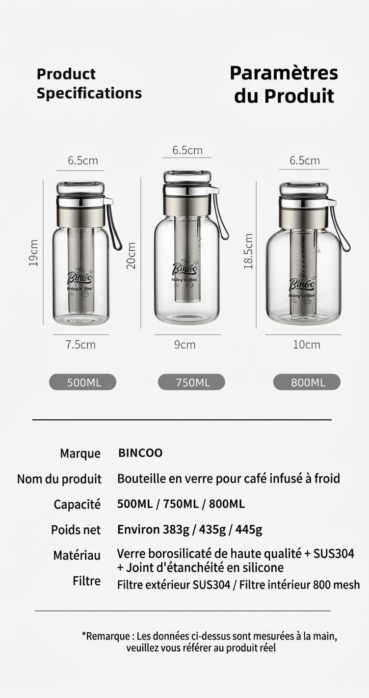 Bouteille infuseur à thé et cafetière à infusion à froid Bincoo en verre