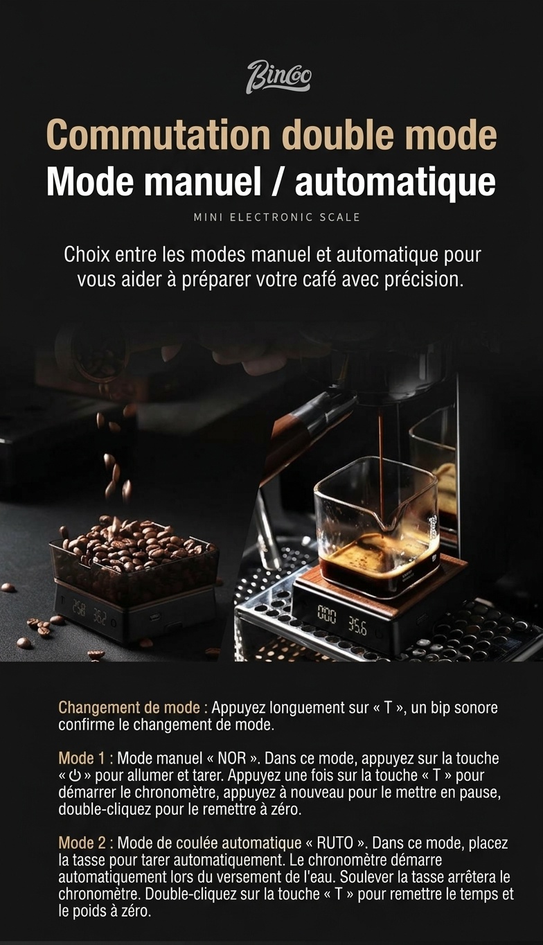 Balance électronique à café Bincoo Mini avec minuteur et plateau en bois