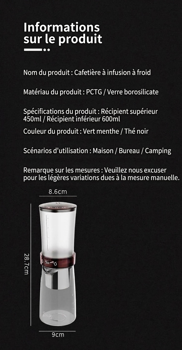 Cafetière à infusion à froid BinCoo - Cafetière à filtre réglable pour café glacé