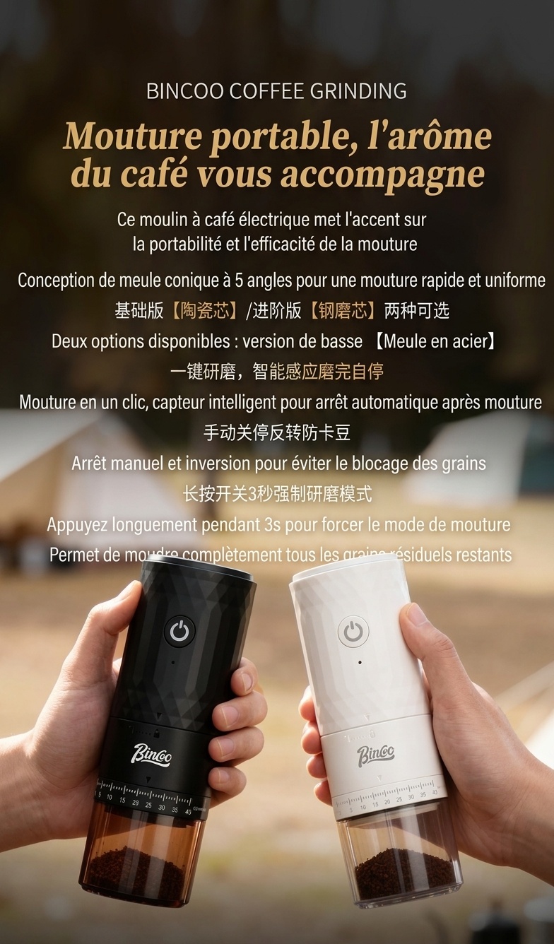 Moulin à café électrique portable BinCo - Meules en céramique/acier
