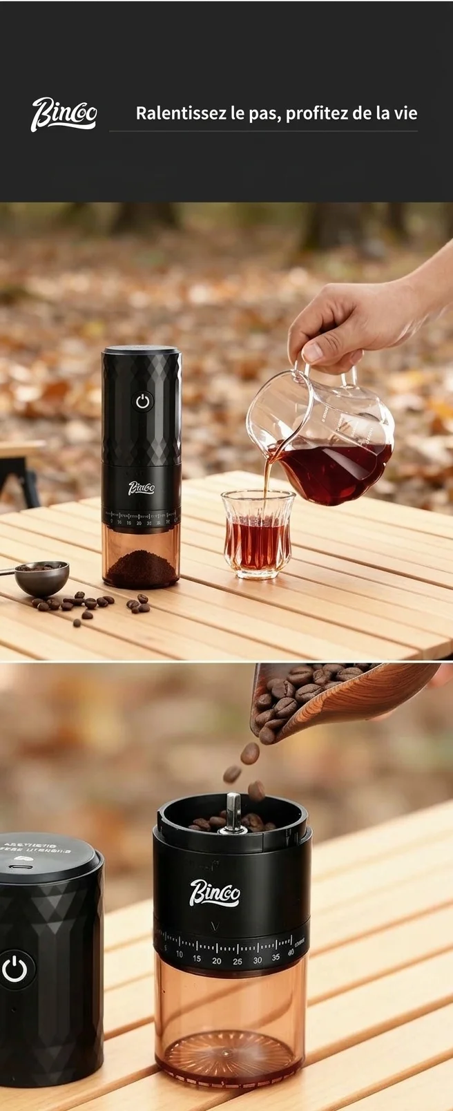 Moulin à café électrique portable BinCo - Meules en céramique/acier