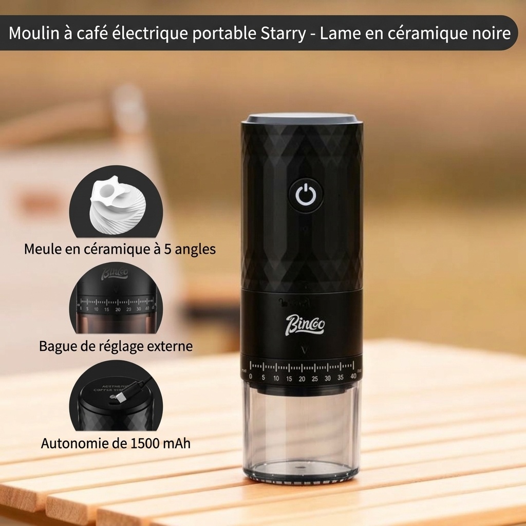 Moulin à café électrique portable BinCo - Meules en céramique/acier