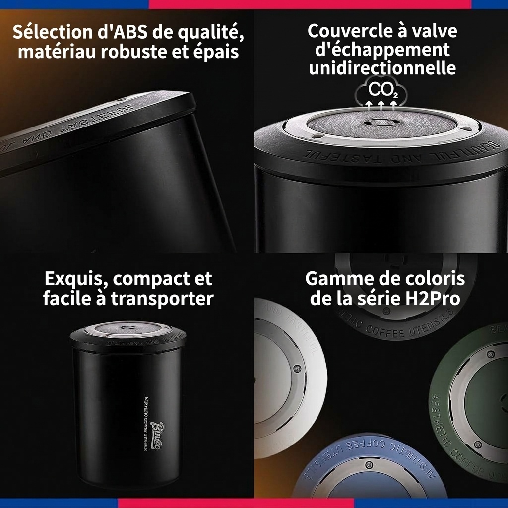 Boîte de conservation portable BinCoo pour grains de café avec valve unidirectionnelle