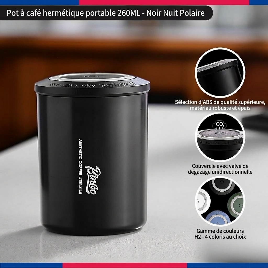 Boîte de conservation portable BinCoo pour grains de café avec valve unidirectionnelle