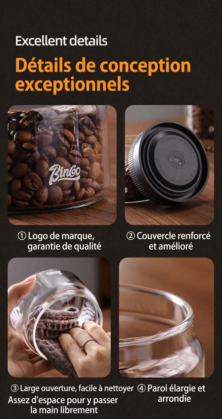 Bocal de conservation sous vide BinCoo pour grains de café avec indicateur de date