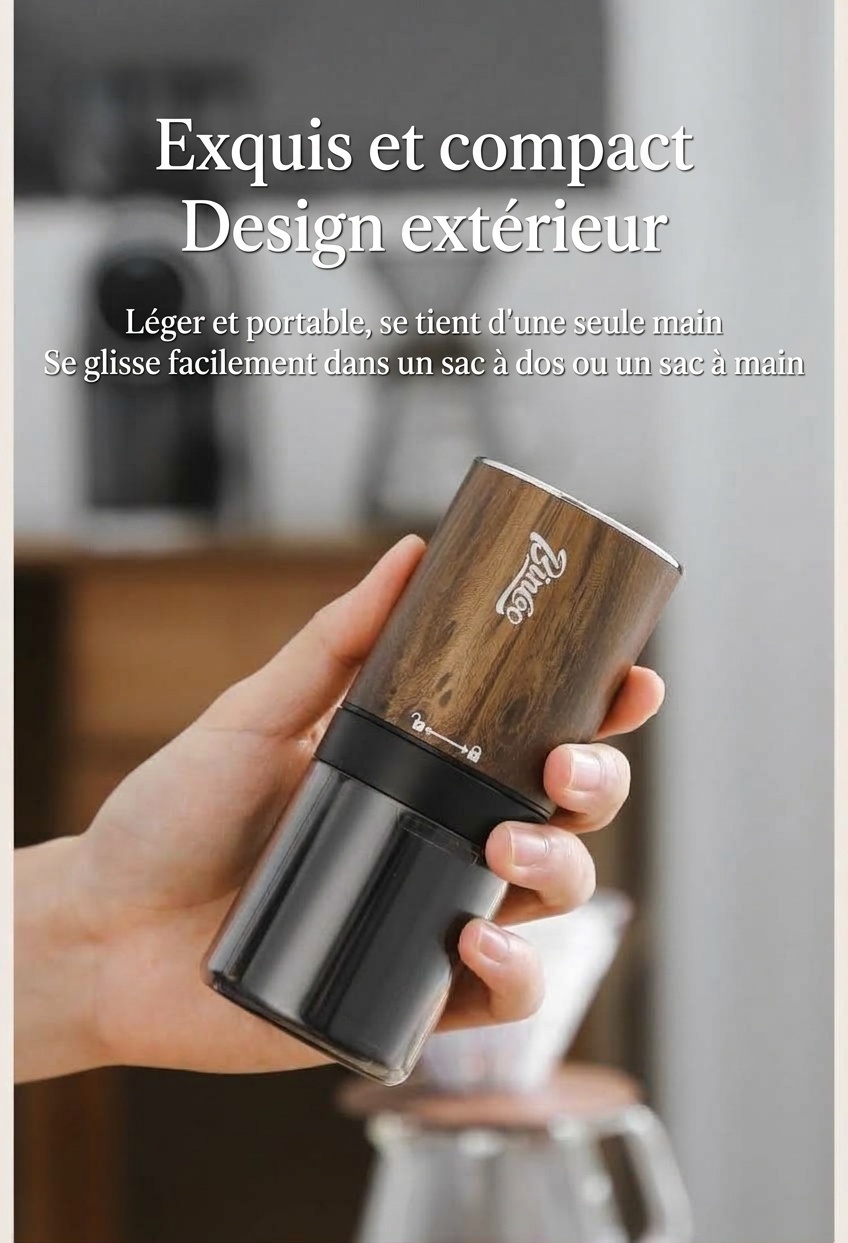 Moulin à café électrique portable avec meule réglable et connecteur de type C