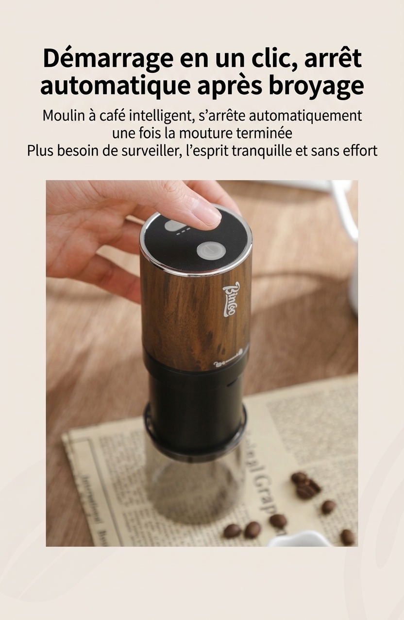 Moulin à café électrique portable avec meule réglable et connecteur de type C