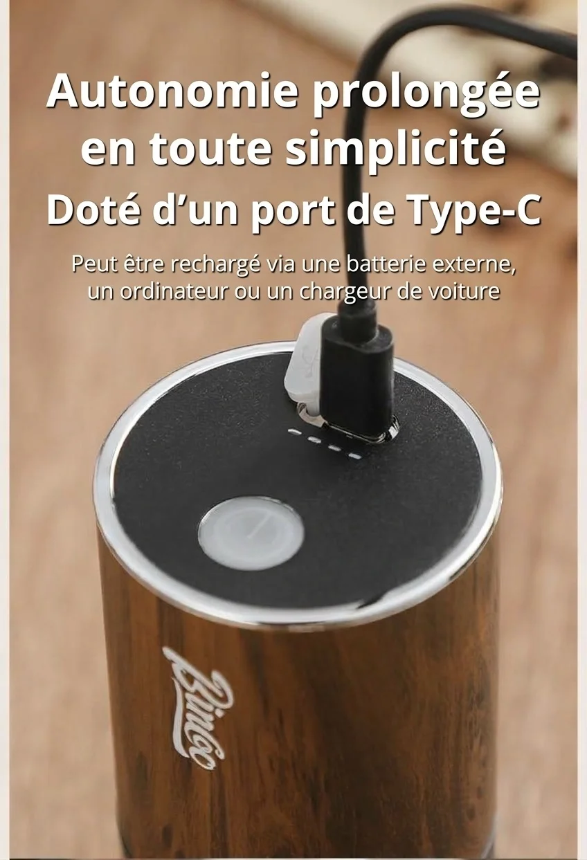 Moulin à café électrique portable avec meule réglable et connecteur de type C
