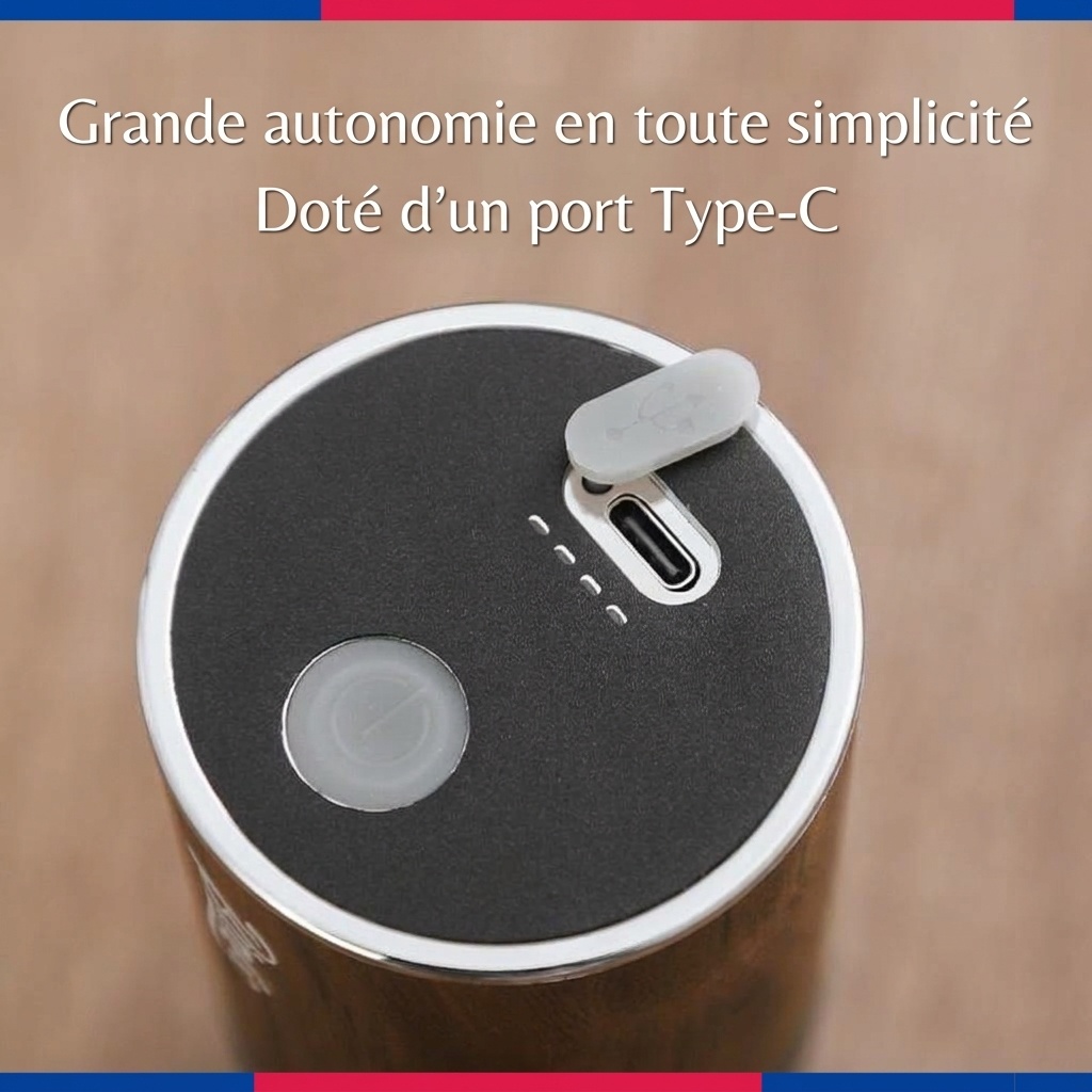Moulin à café électrique portable avec meule réglable et connecteur de type C
