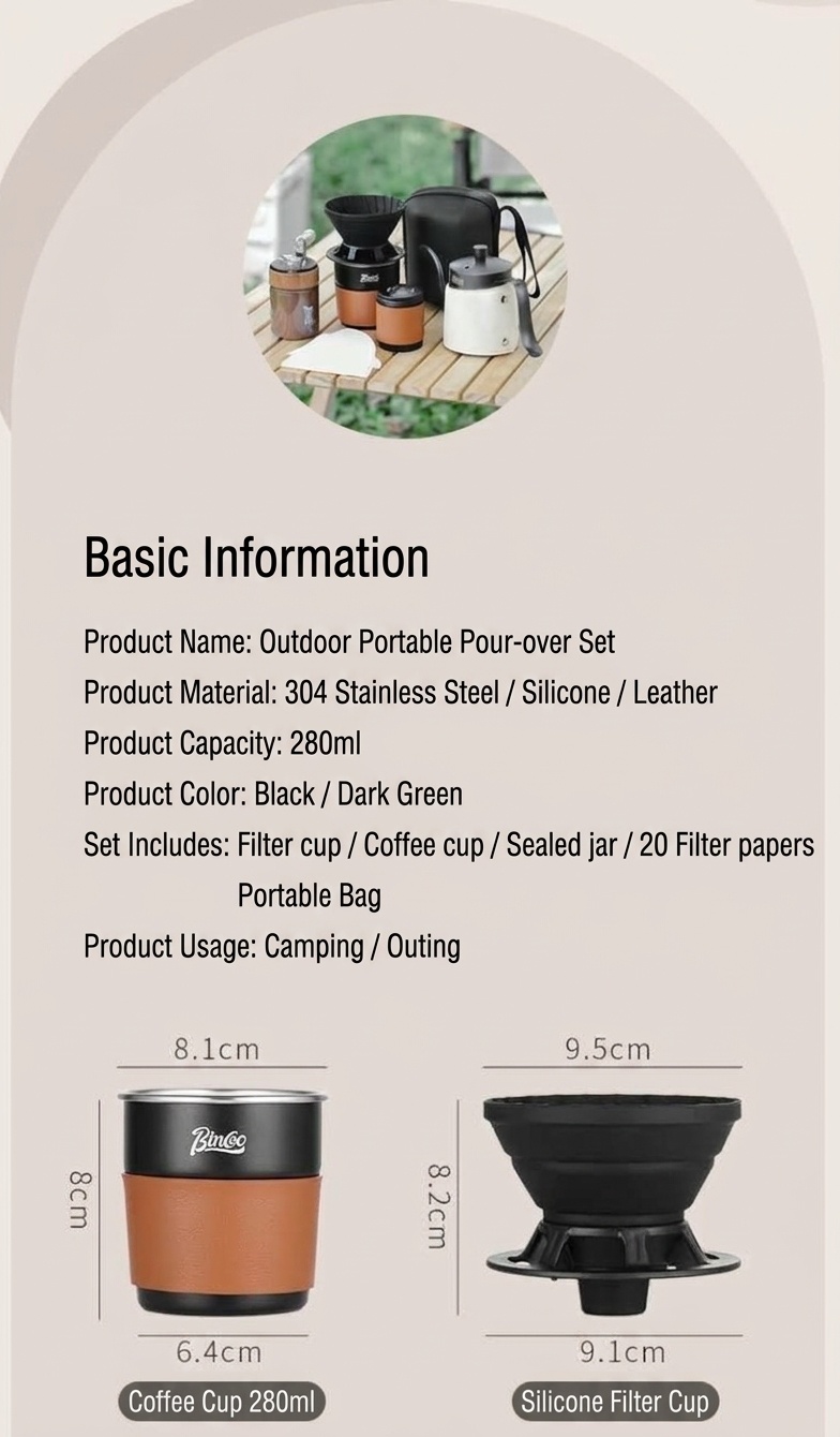 BinCoo Portable Pour Over Coffee Maker Set - Black & Olive