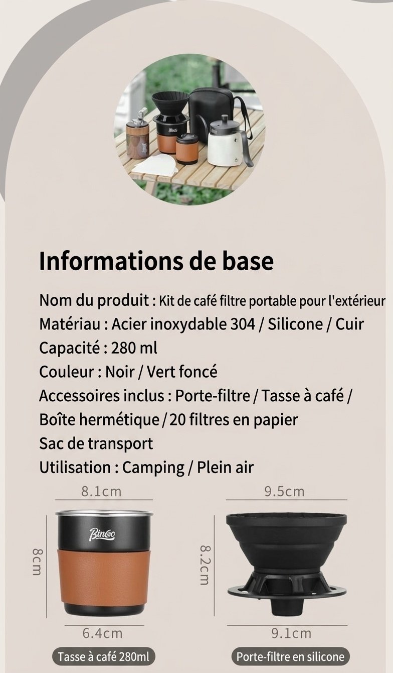 Ensemble cafetière à filtre portable BinCoo - Noir et olive