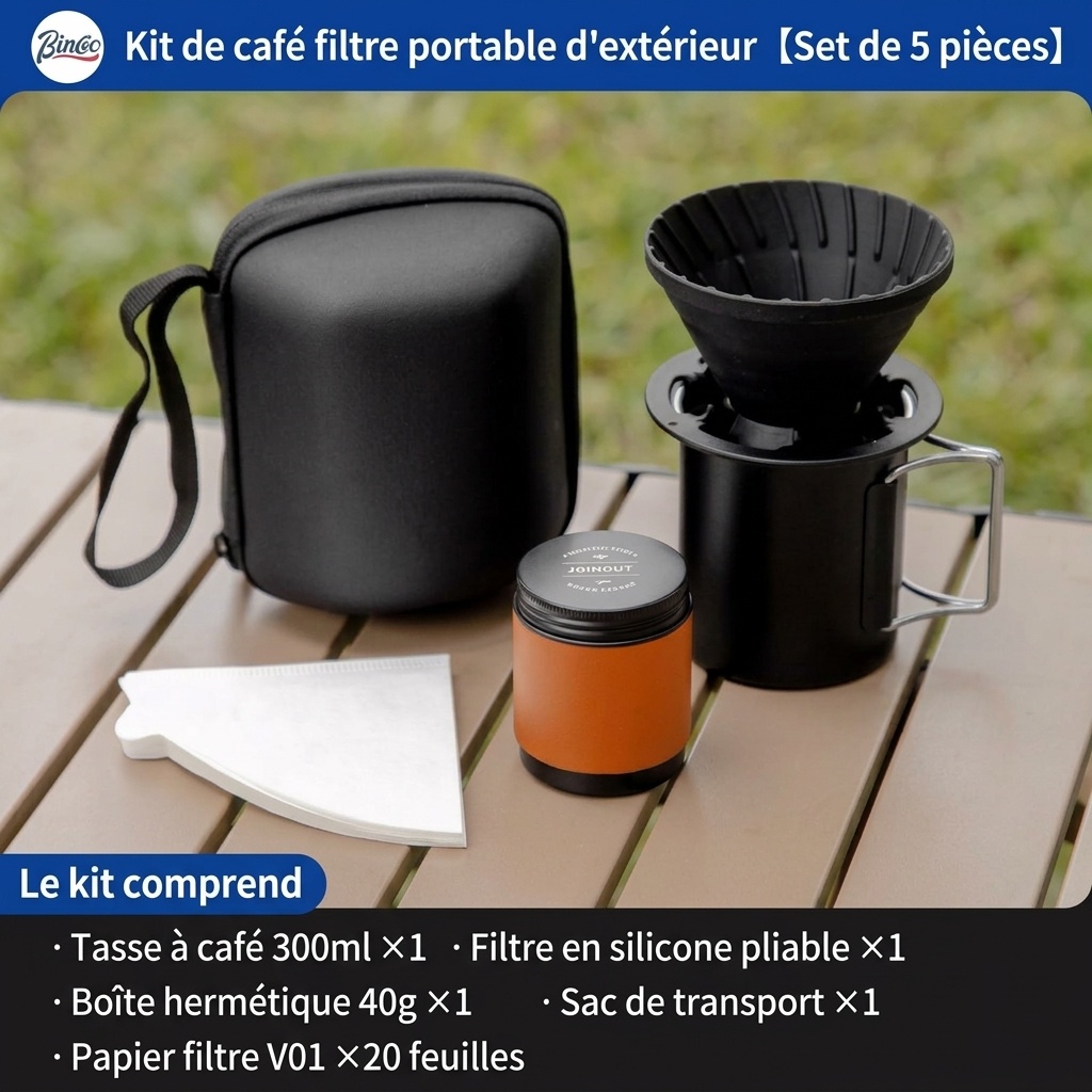 Ensemble cafetière à filtre portable BinCoo - Noir et olive