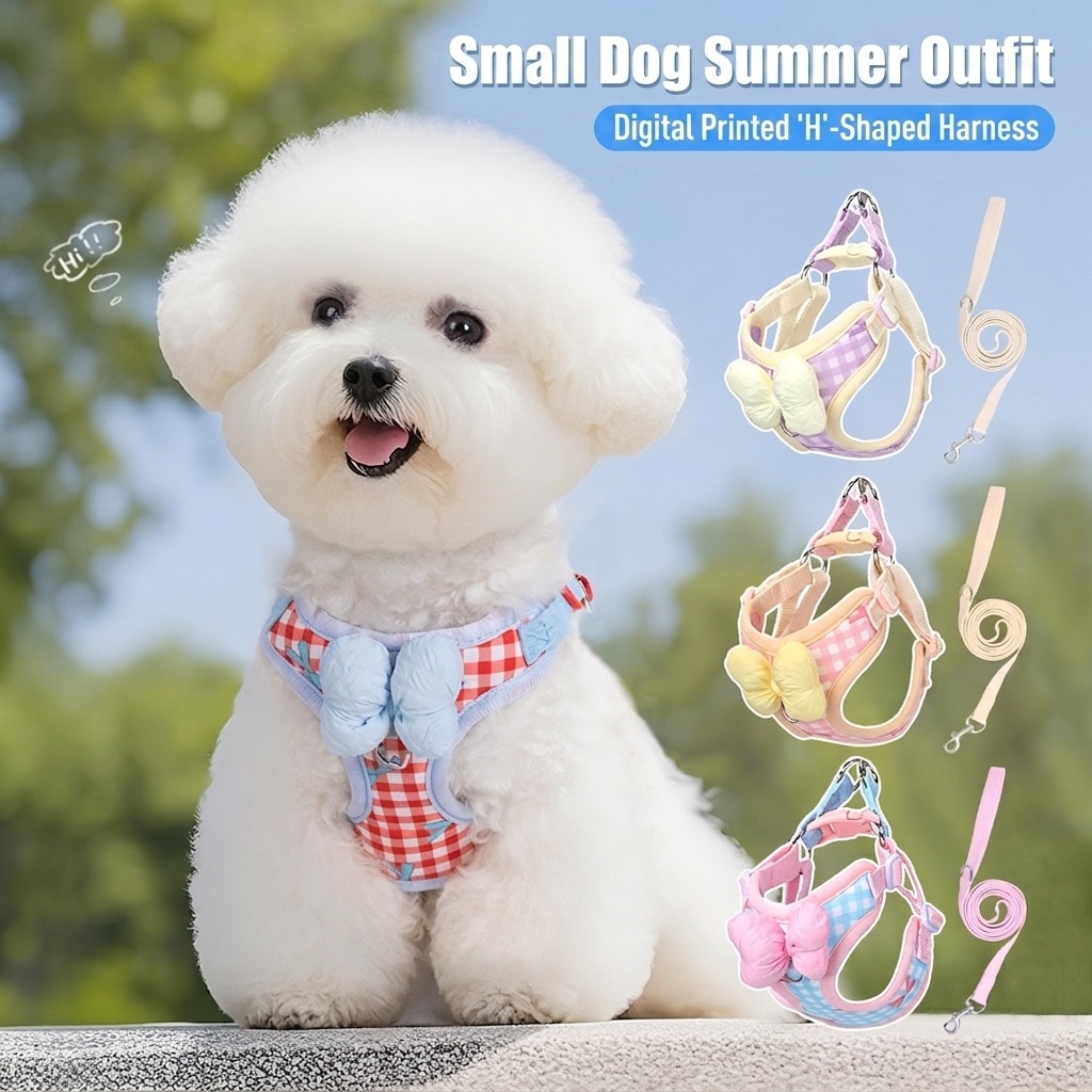 Cute Gingham Pet Harness & Leash Set with Bow - Breathable