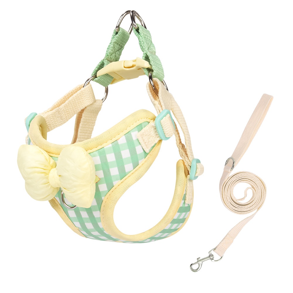 Cute Gingham Pet Harness & Leash Set with Bow - Breathable