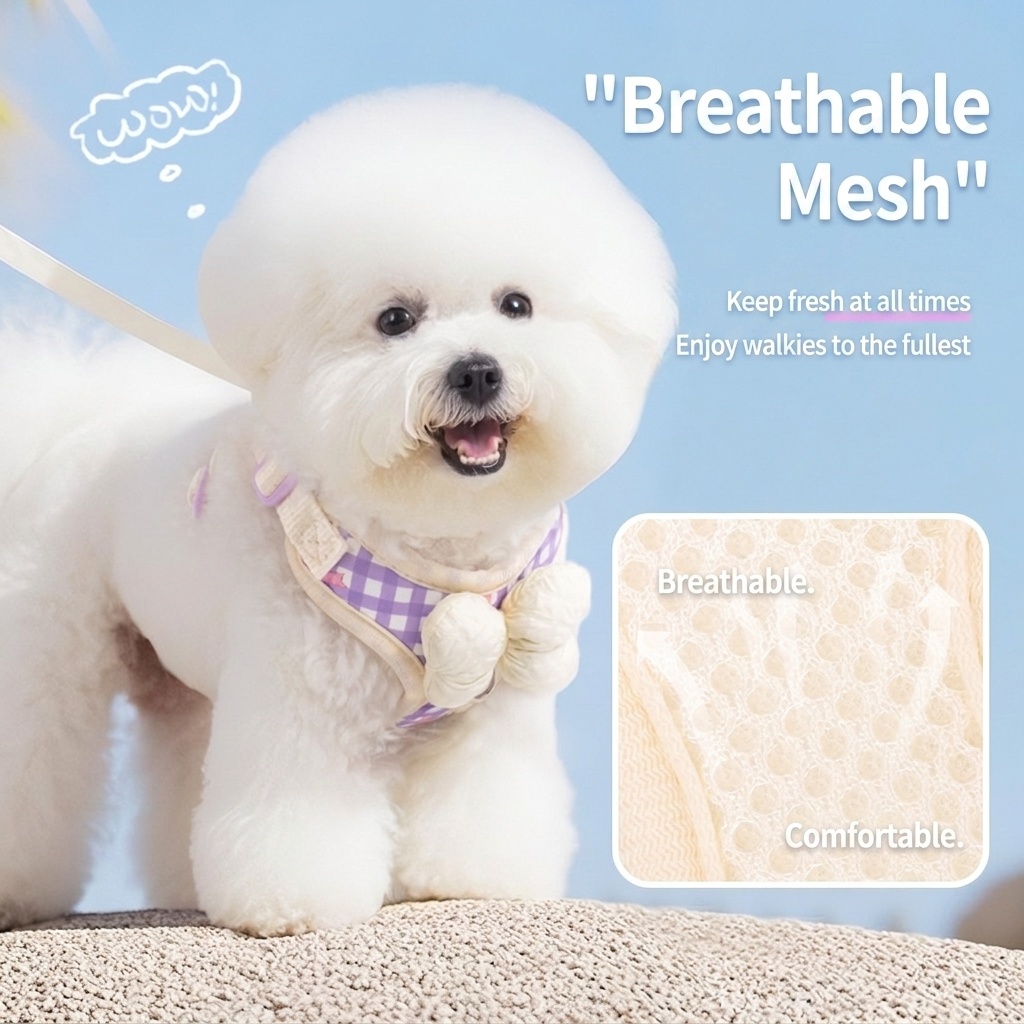 Cute Gingham Pet Harness & Leash Set with Bow - Breathable