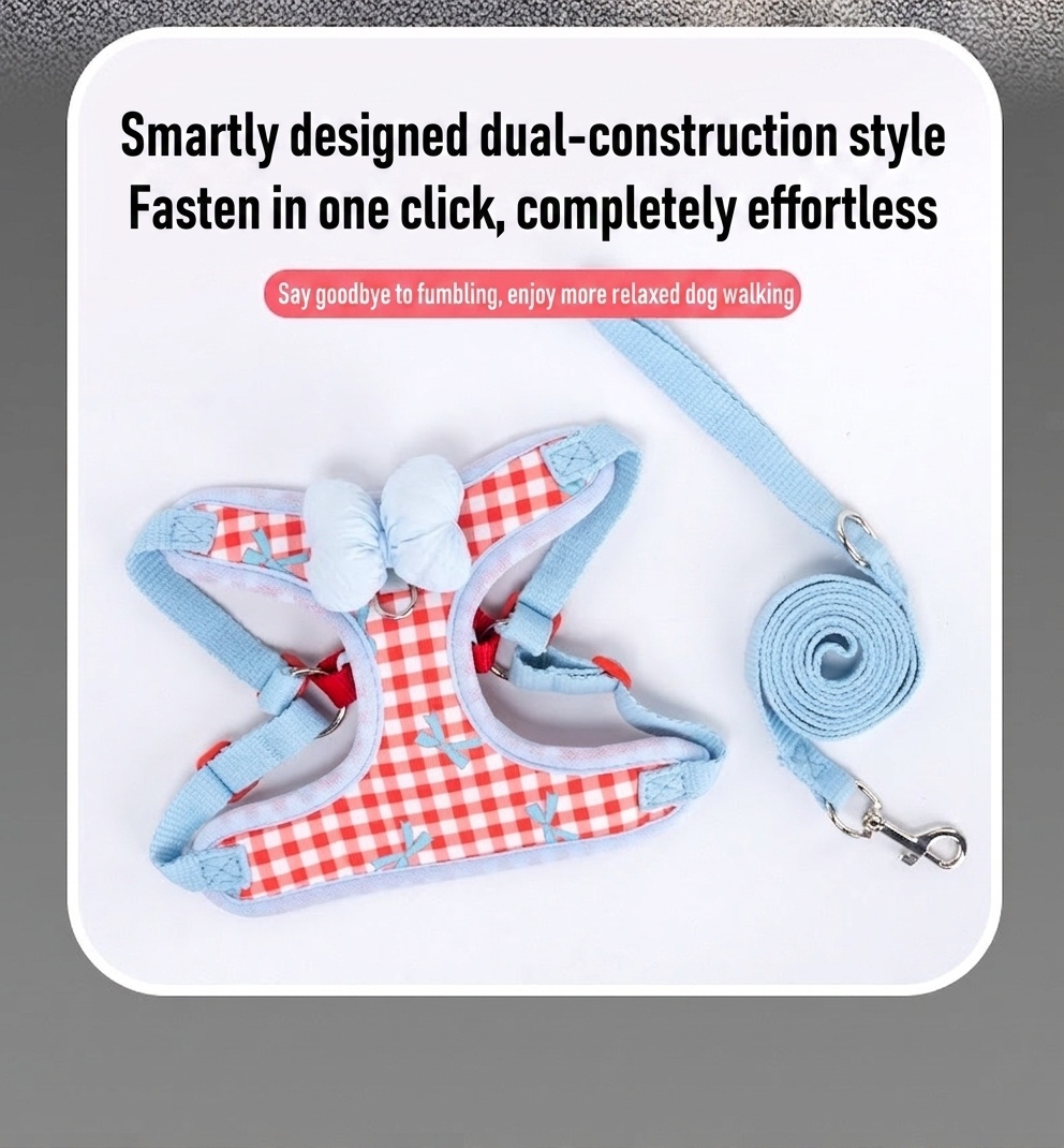 Cute Gingham Pet Harness & Leash Set with Bow - Breathable