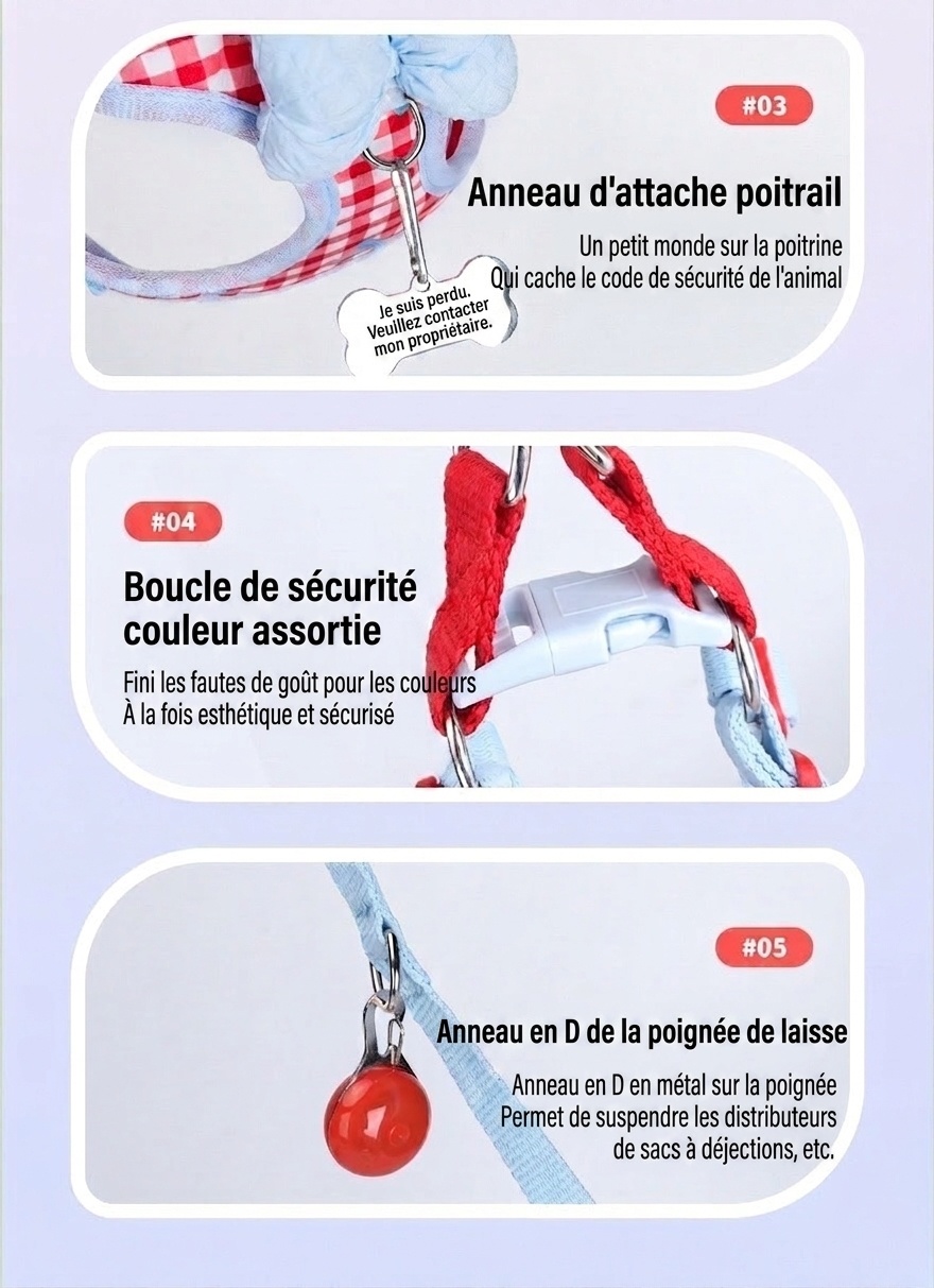 Cute Gingham Pet Harness & Leash Set with Bow - Breathable