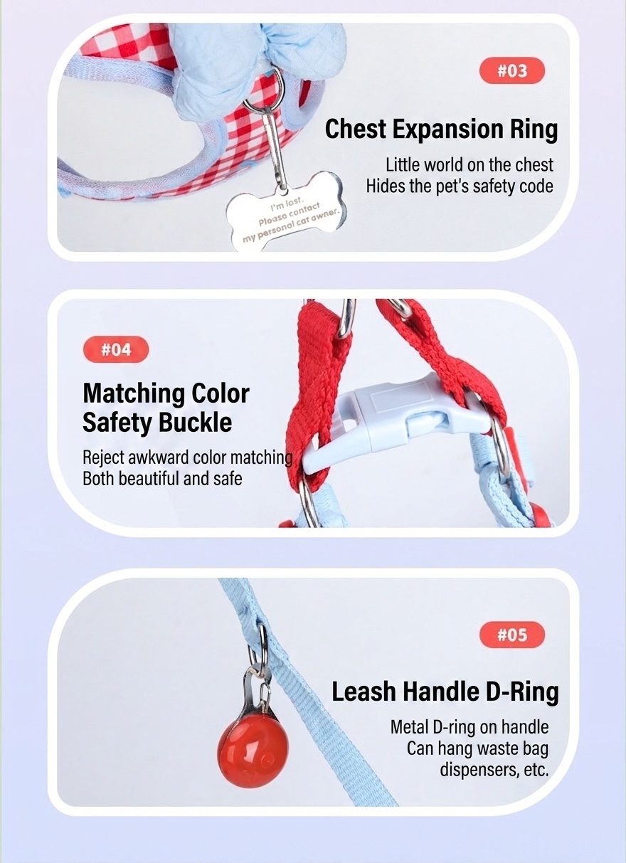 Cute Gingham Pet Harness & Leash Set with Bow - Breathable