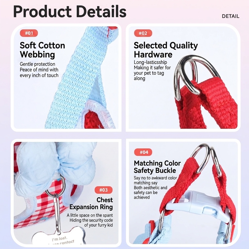 Cute Gingham Pet Harness & Leash Set with Bow - Breathable