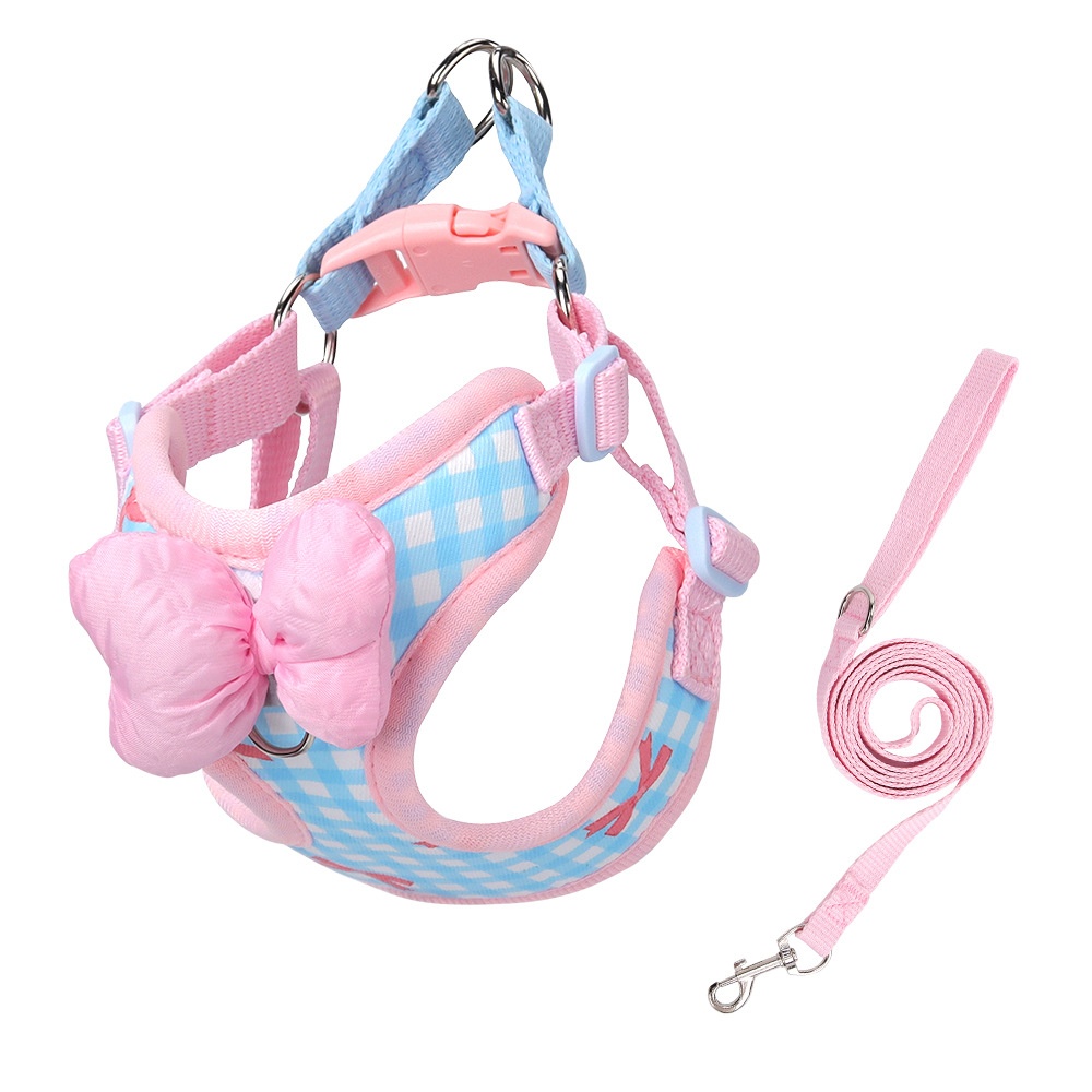 Cute Gingham Pet Harness & Leash Set with Bow - Breathable