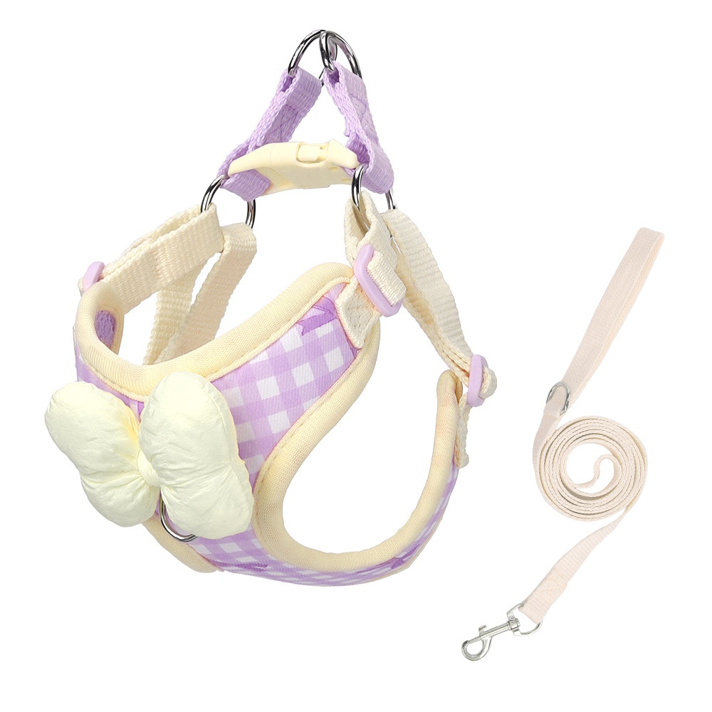 Cute Gingham Pet Harness & Leash Set with Bow - Breathable