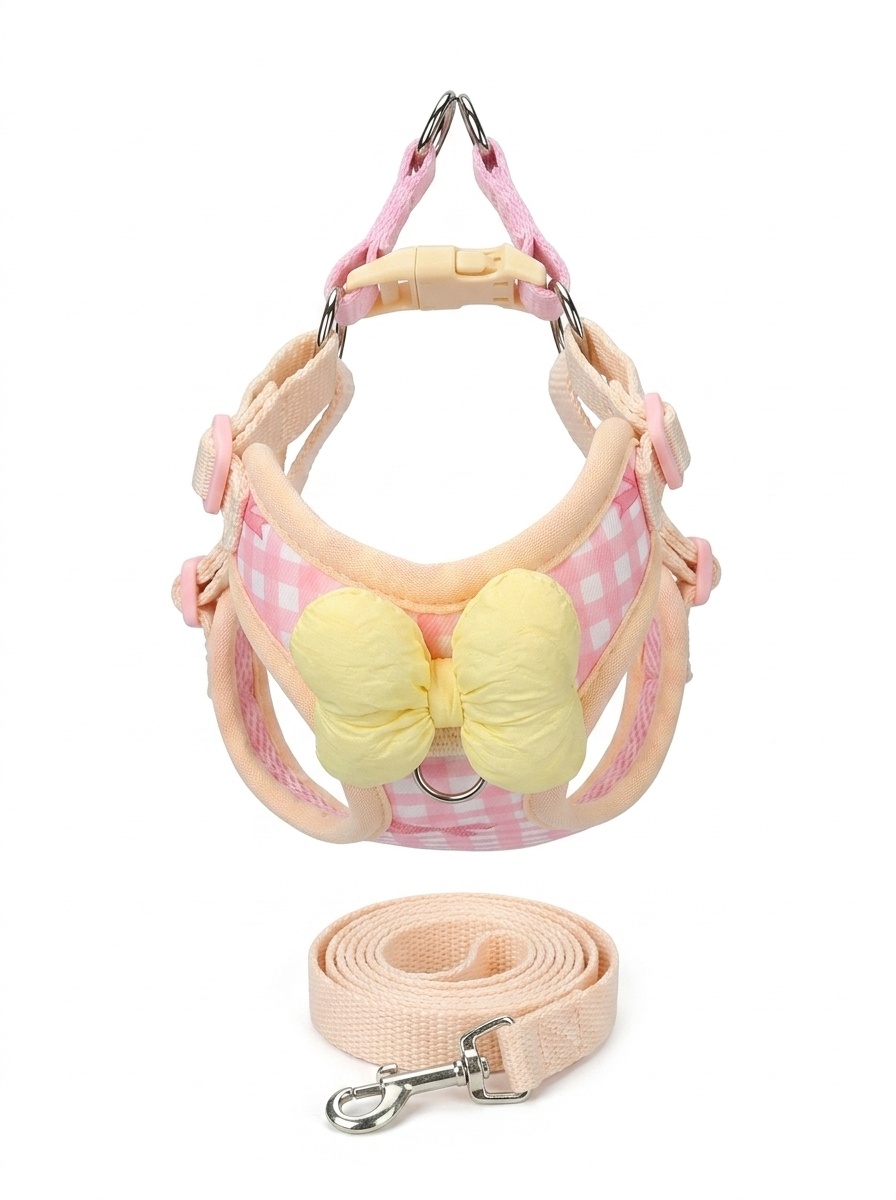 Cute Gingham Pet Harness & Leash Set with Bow - Breathable