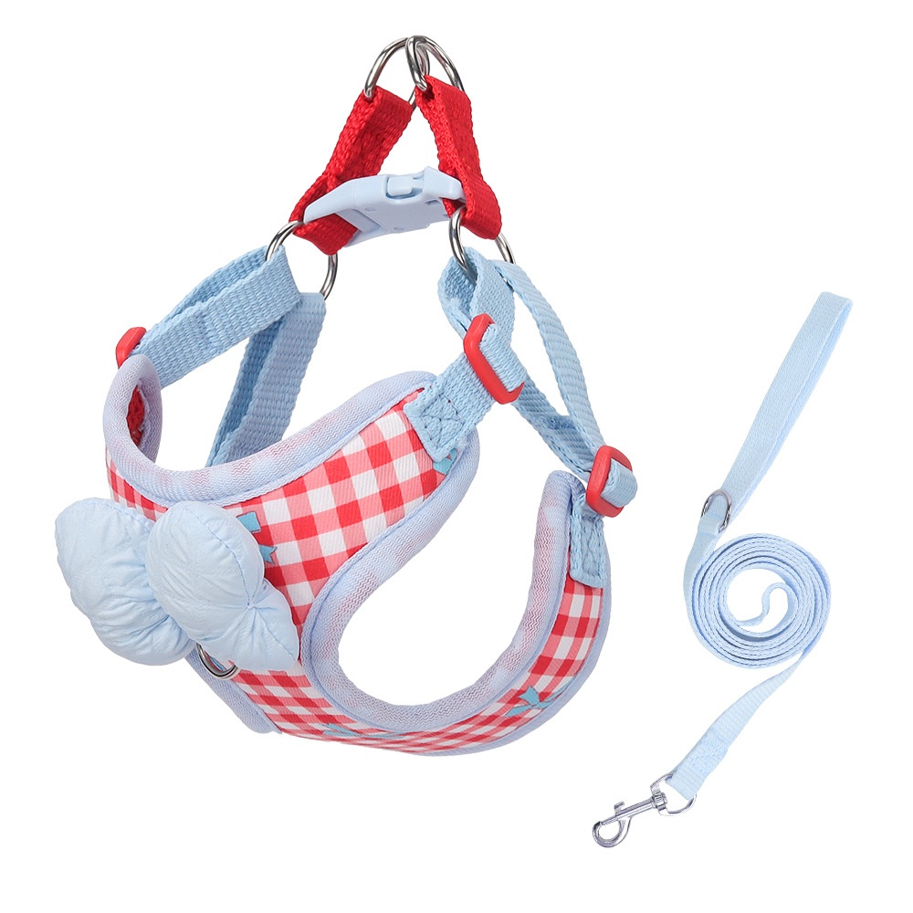 Cute Gingham Pet Harness & Leash Set with Bow - Breathable