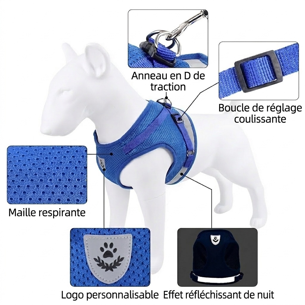 Ensemble harnais et laisse pour animaux de compagnie en maille respirante avec bande réfléchissante