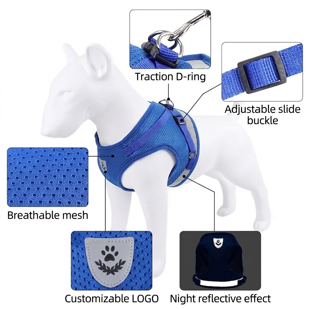 Breathable Mesh Pet Harness & Leash Set with Reflective Strip