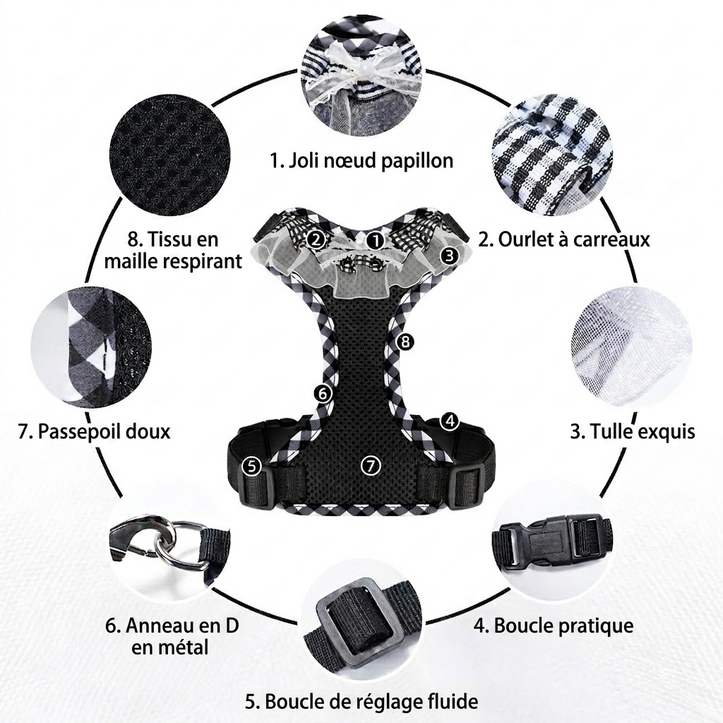 Ensemble harnais et laisse pour chien en maille à carreaux mignons - Respirant et ajustable