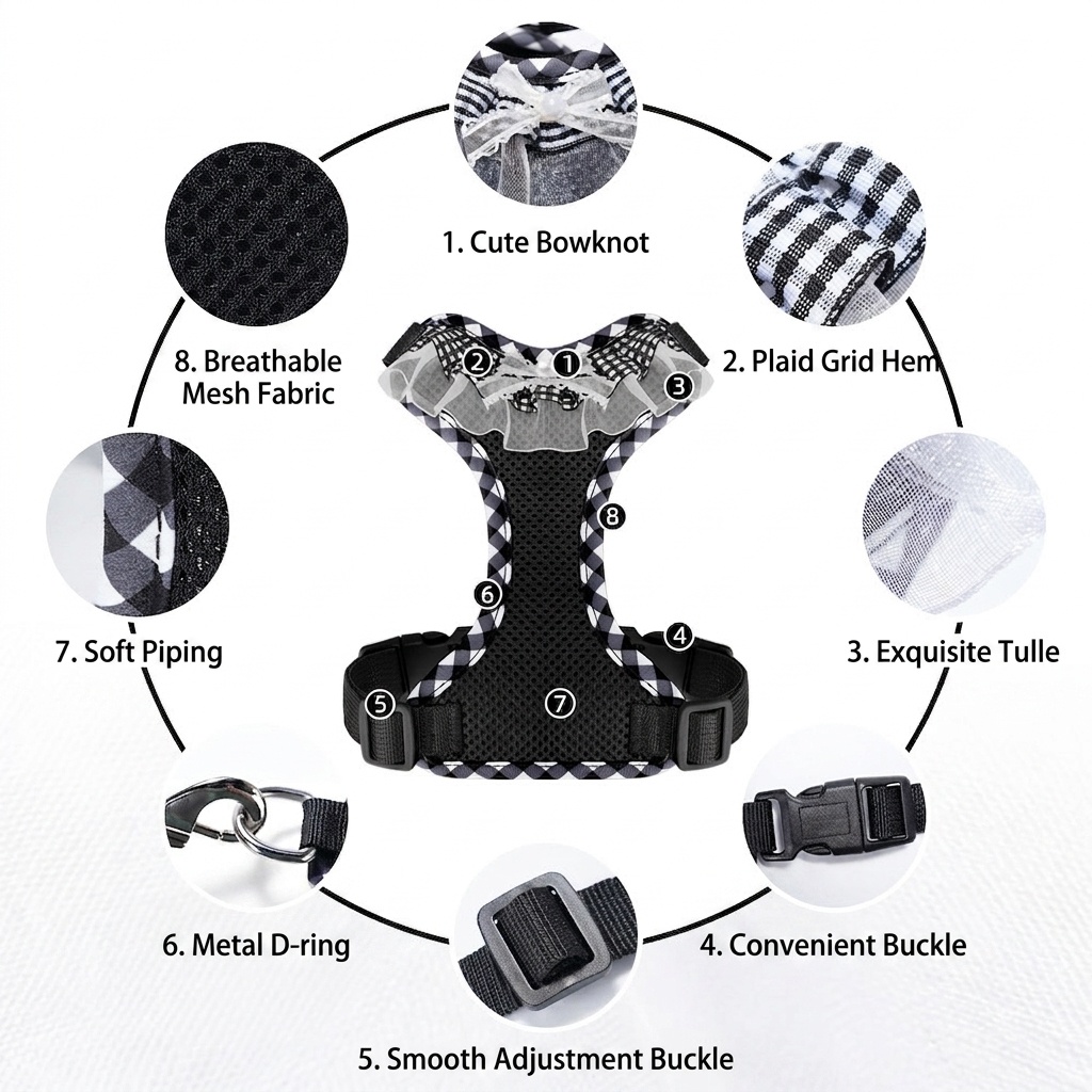 Cute Plaid Mesh Dog Harness & Leash Set - Breathable & Adjustable