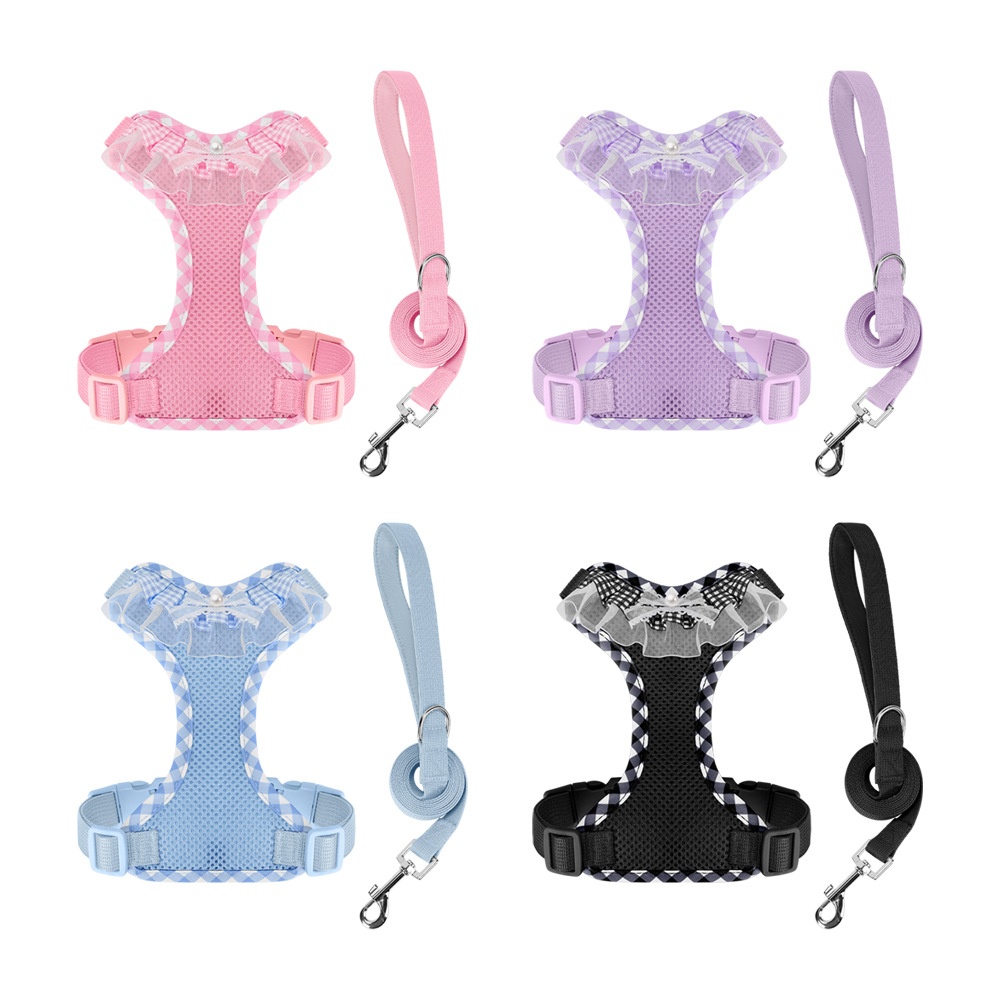 Cute Plaid Mesh Dog Harness & Leash Set - Breathable & Adjustable