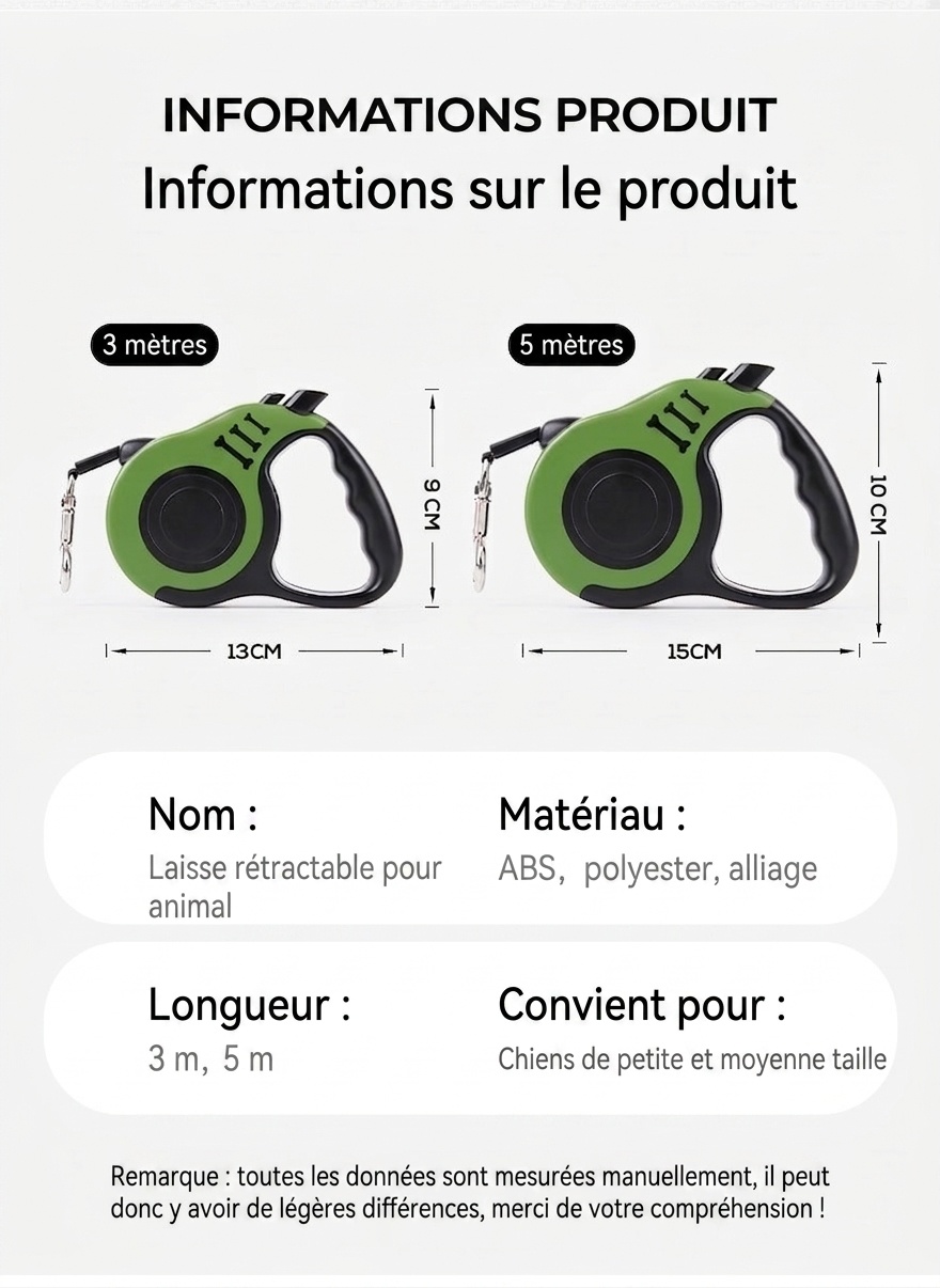 Laisse rétractable pour chien avec verrouillage à un bouton et poignée ergonomique
