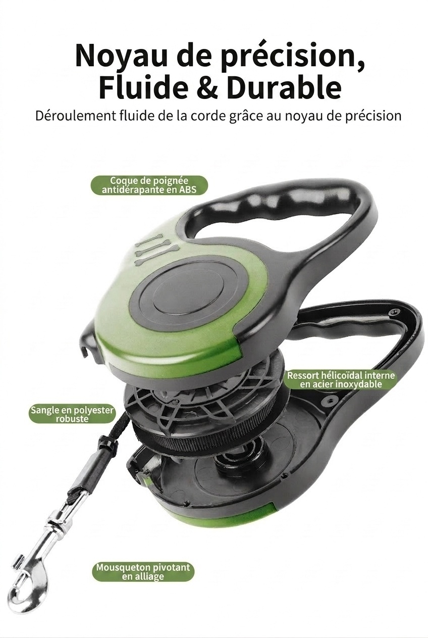 Laisse rétractable pour chien avec verrouillage à un bouton et poignée ergonomique