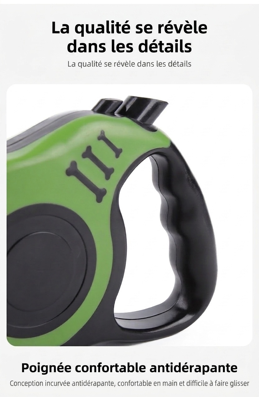 Laisse rétractable pour chien avec verrouillage à un bouton et poignée ergonomique