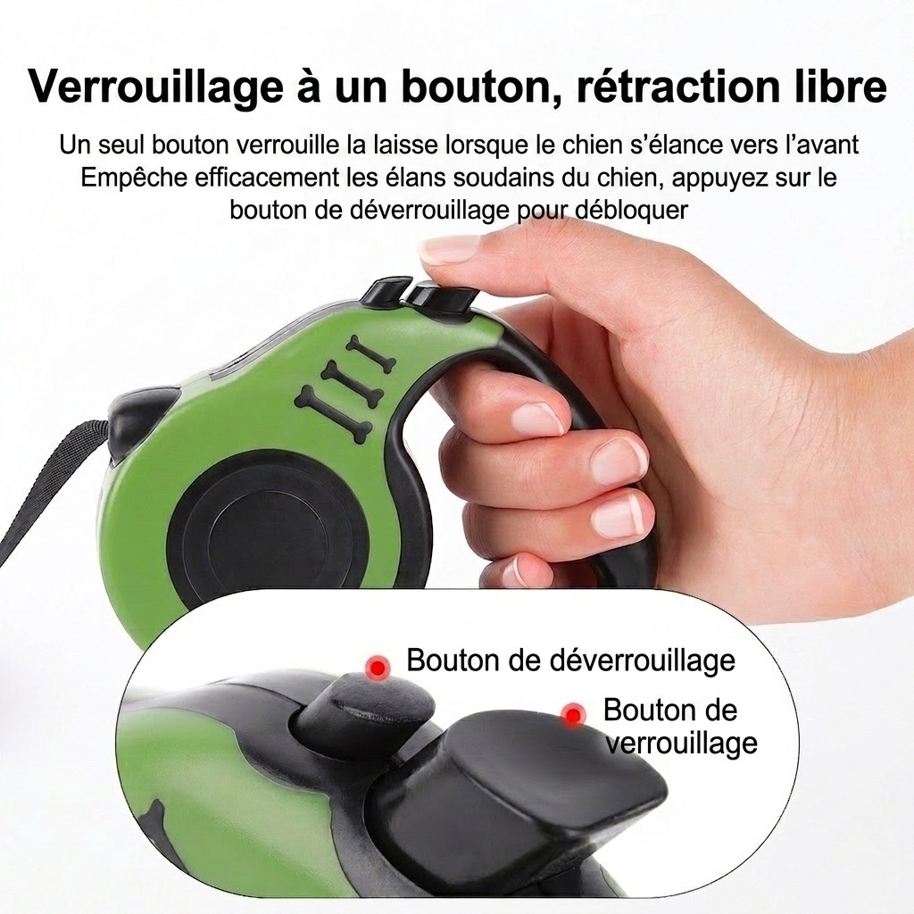 Laisse rétractable pour chien avec verrouillage à un bouton et poignée ergonomique