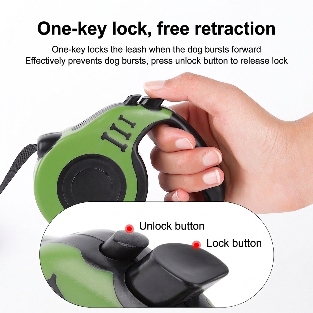 Retractable Dog Leash with One-Button Lock & Ergonomic Handle