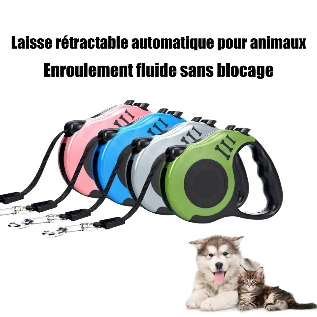 Laisse rétractable pour chien avec verrouillage à un bouton et poignée ergonomique