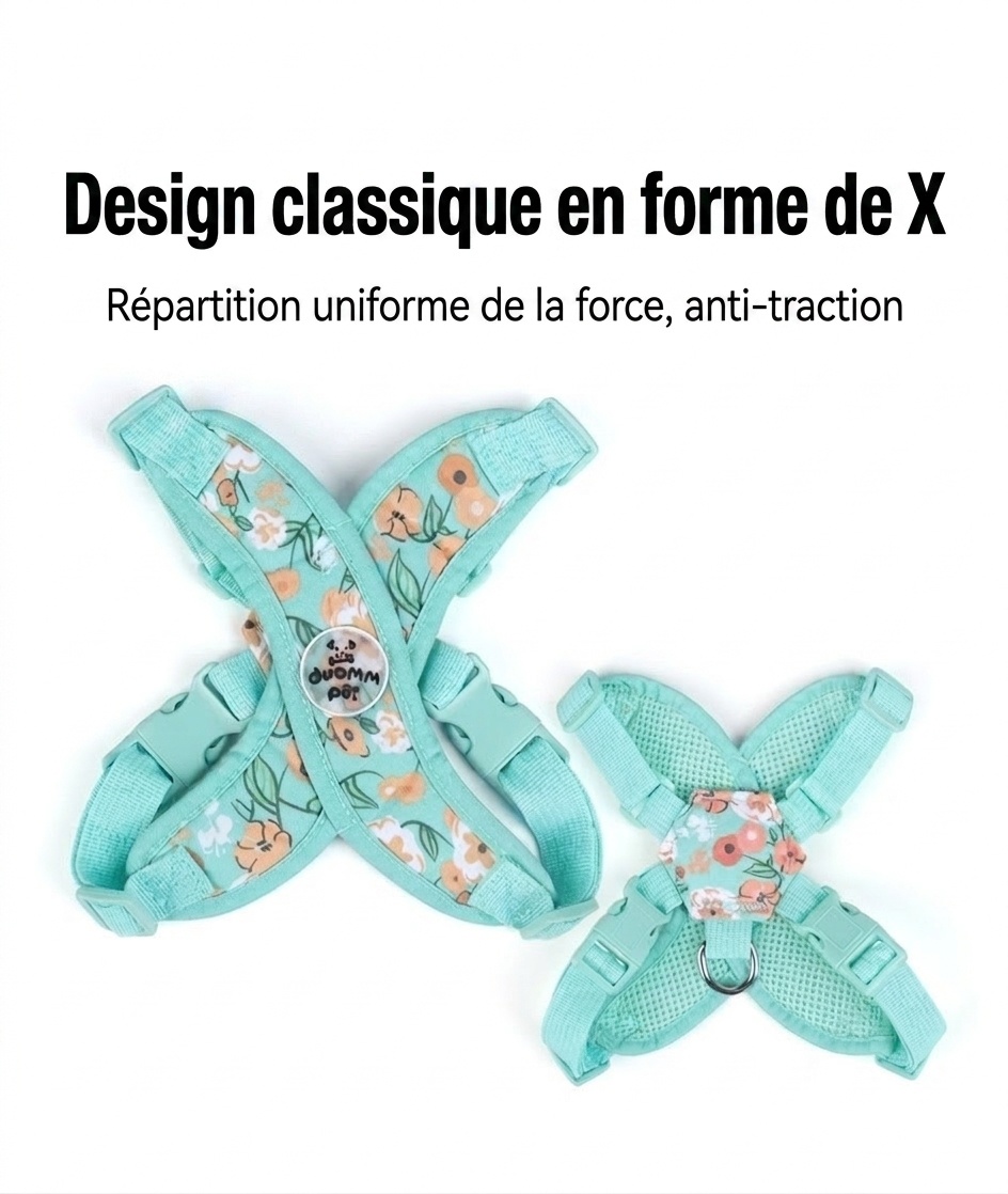 Ensemble harnais et laisse pour animaux de compagnie à motif floral en X - Ajustable et respirant