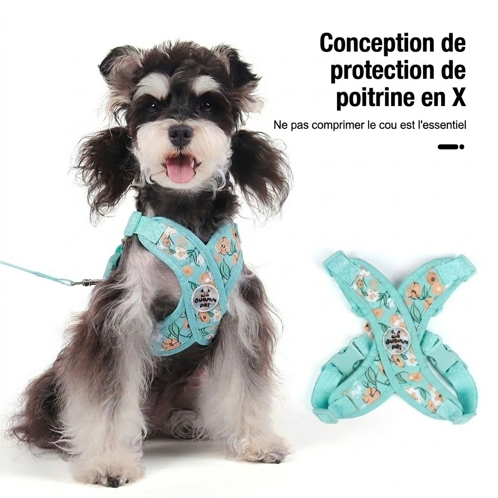 Ensemble harnais et laisse pour animaux de compagnie à motif floral en X - Ajustable et respirant
