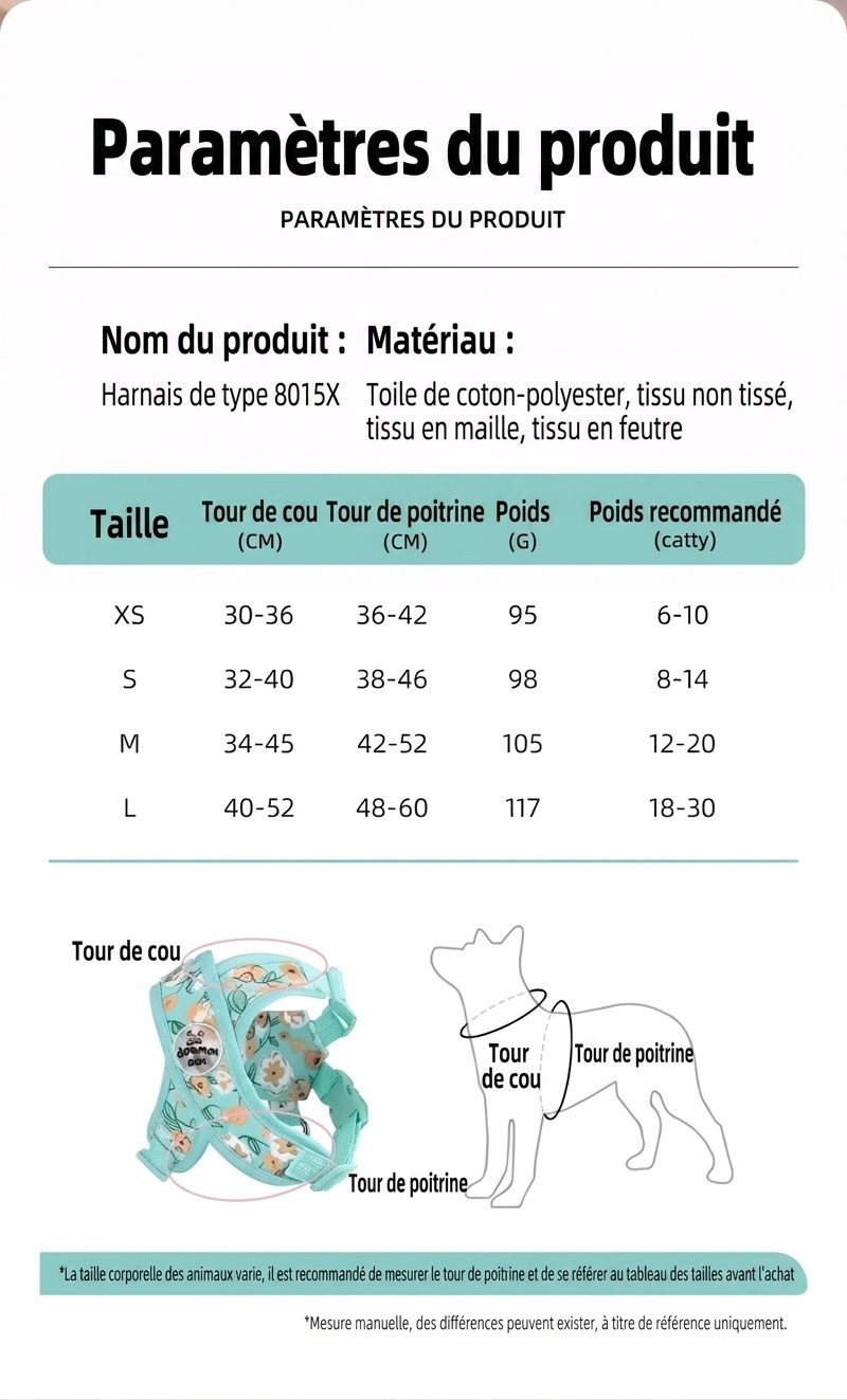 Ensemble harnais et laisse pour animaux de compagnie à motif floral en X - Ajustable et respirant
